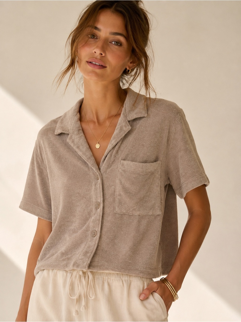 Abercrombie & Fitch Taupe Terry Short-Sleeve Button-Down